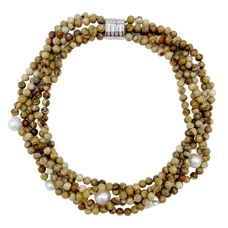 115-04 | 5-STRAND BROWN JASPER & PEARL CHOKER