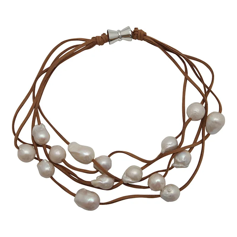 610-01-22 | 5-STRAND PEARLS ON SUEDE (WHITE ON TAN)