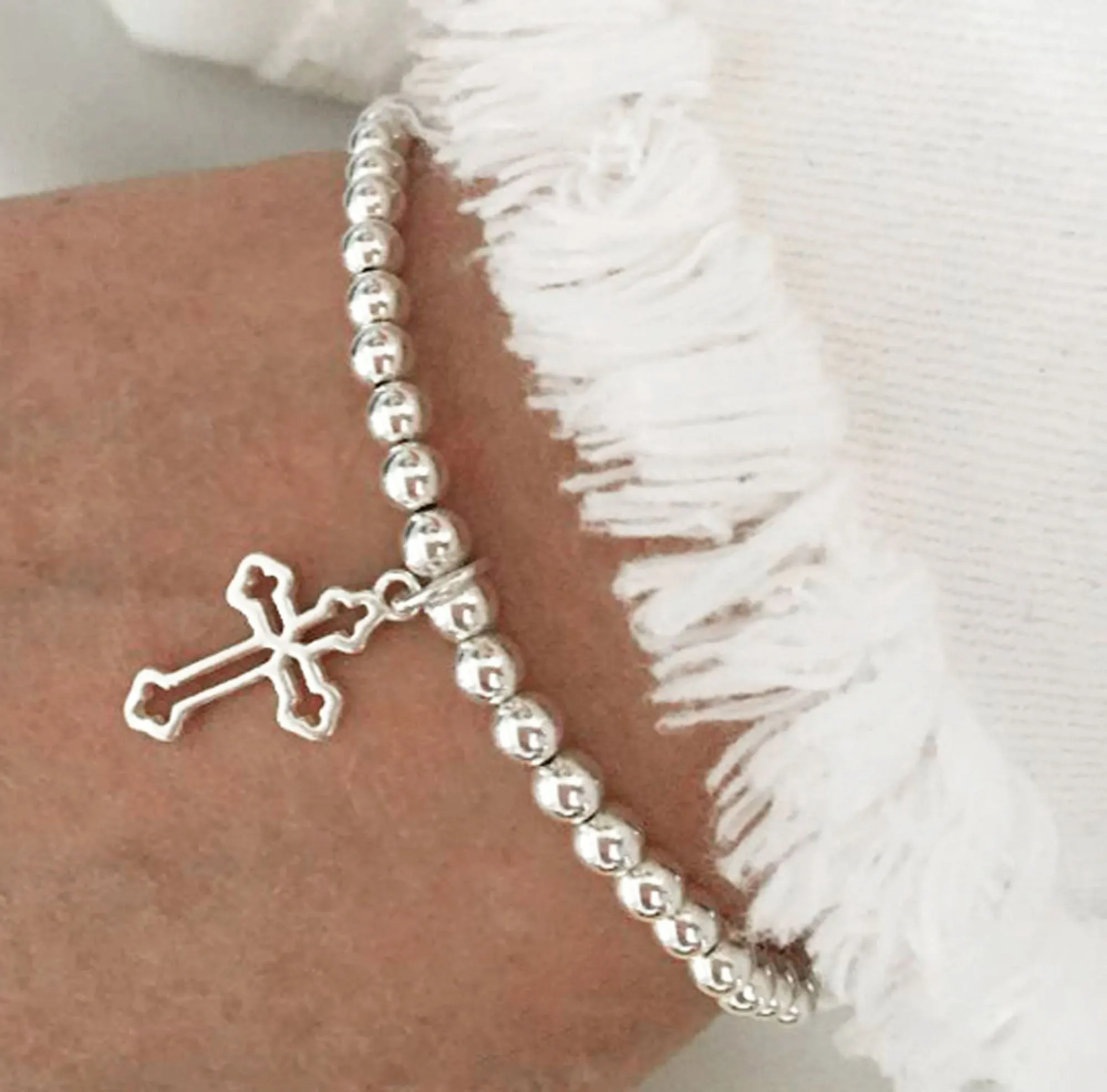 925 Sterling Silver Cross Charm Bracelet, Beaded Bracelet, Religious, Sterling Silver Bracelet, Stacked Bracelets