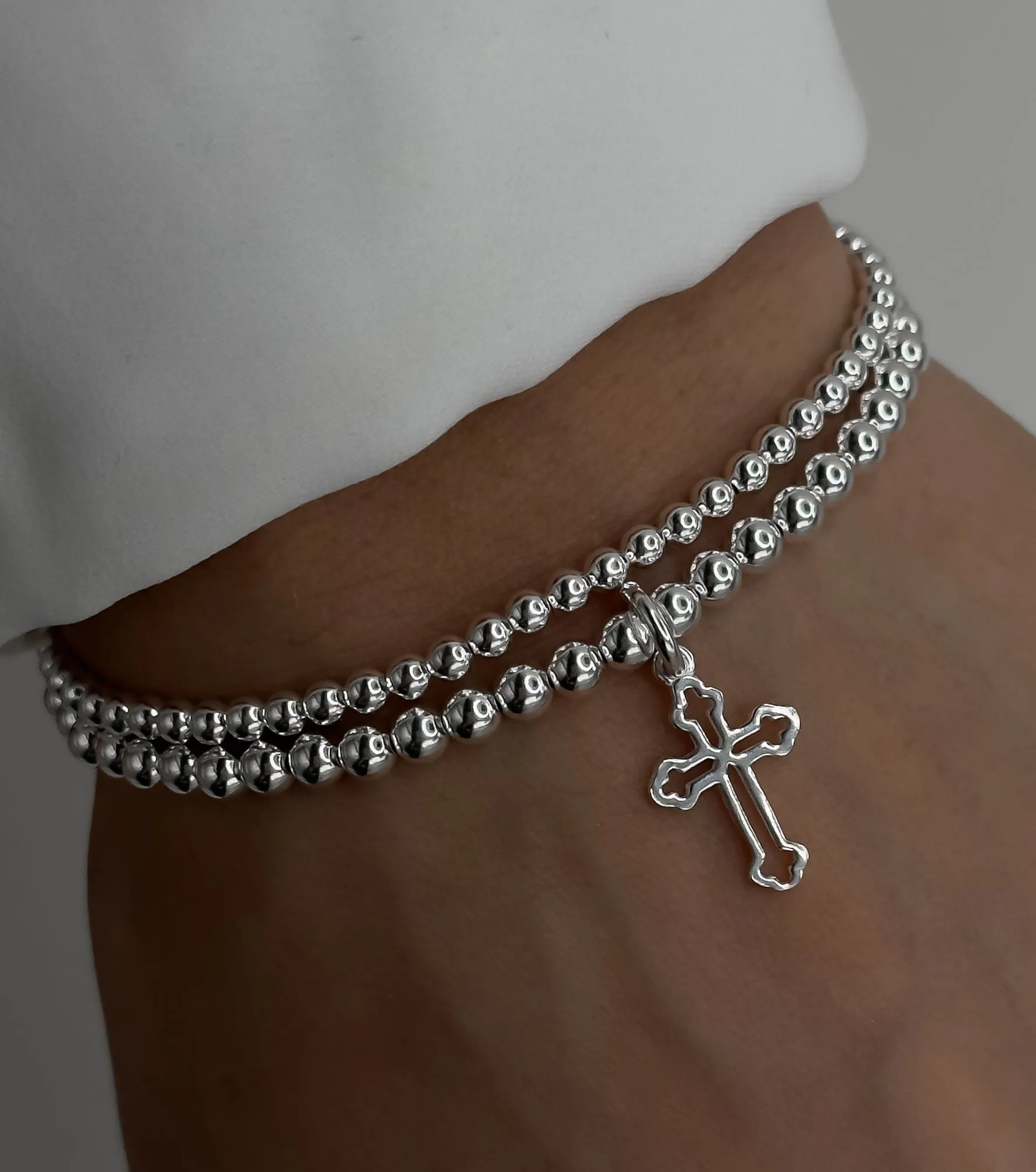 925 Sterling Silver Cross Charm Bracelet, Beaded Bracelet, Religious, Sterling Silver Bracelet, Stacked Bracelets