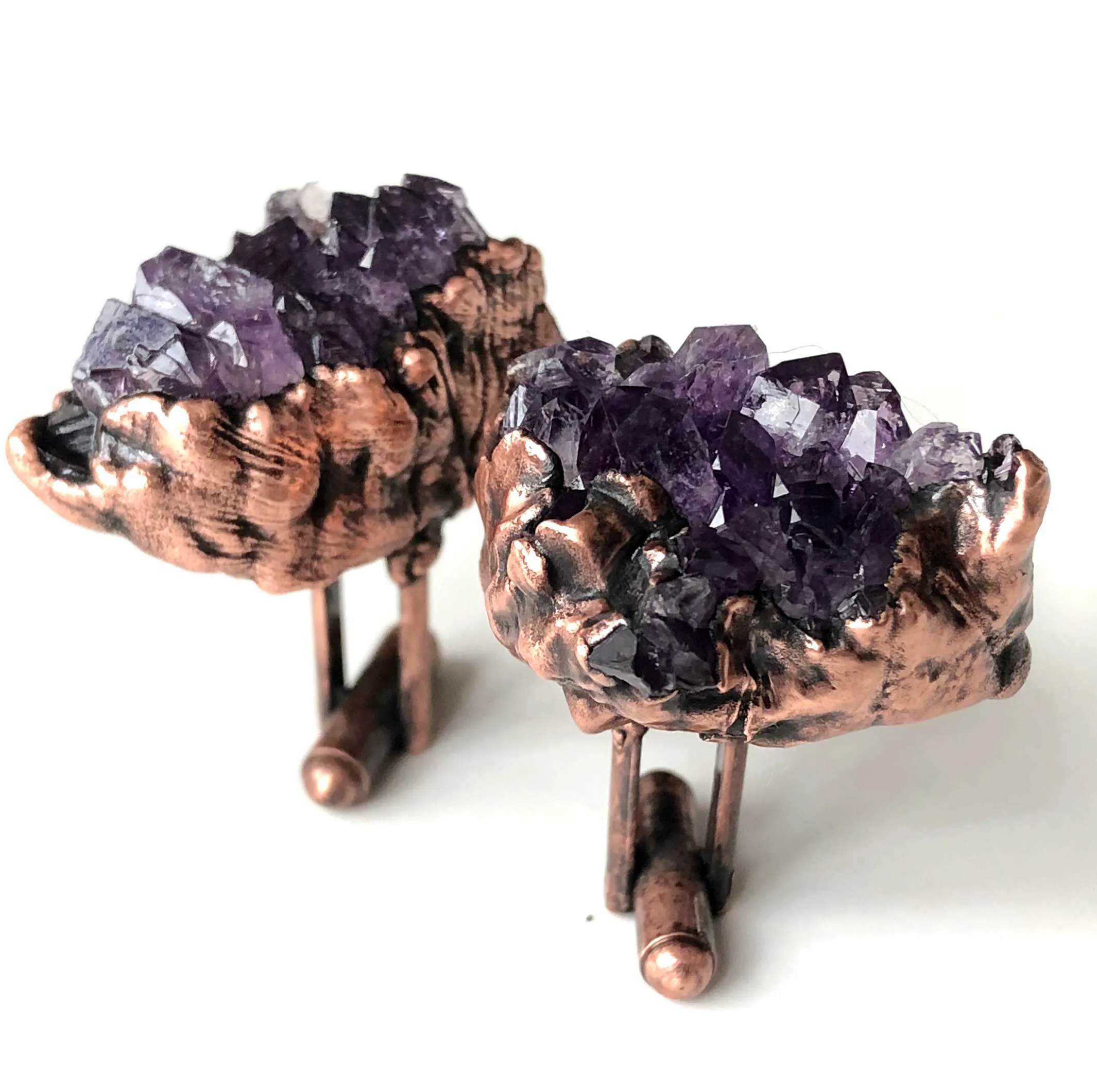 Amethyst Cufflinks. Electroformed copper & amethyst cluster, raw stone cuff links