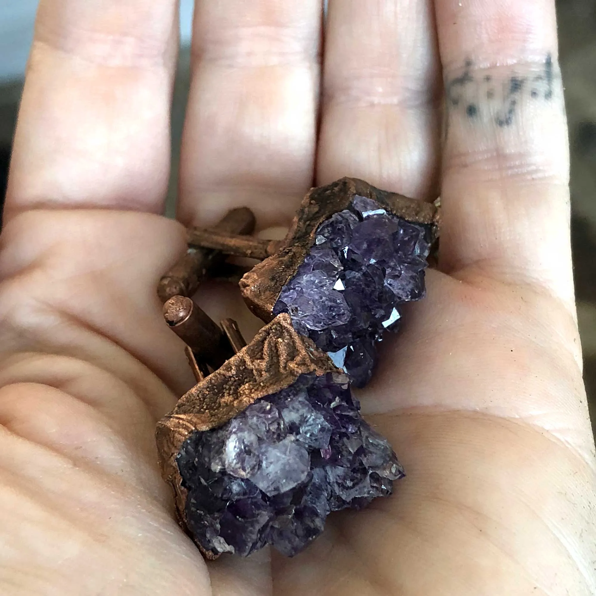 Amethyst Cufflinks. Electroformed copper & amethyst cluster, raw stone cuff links