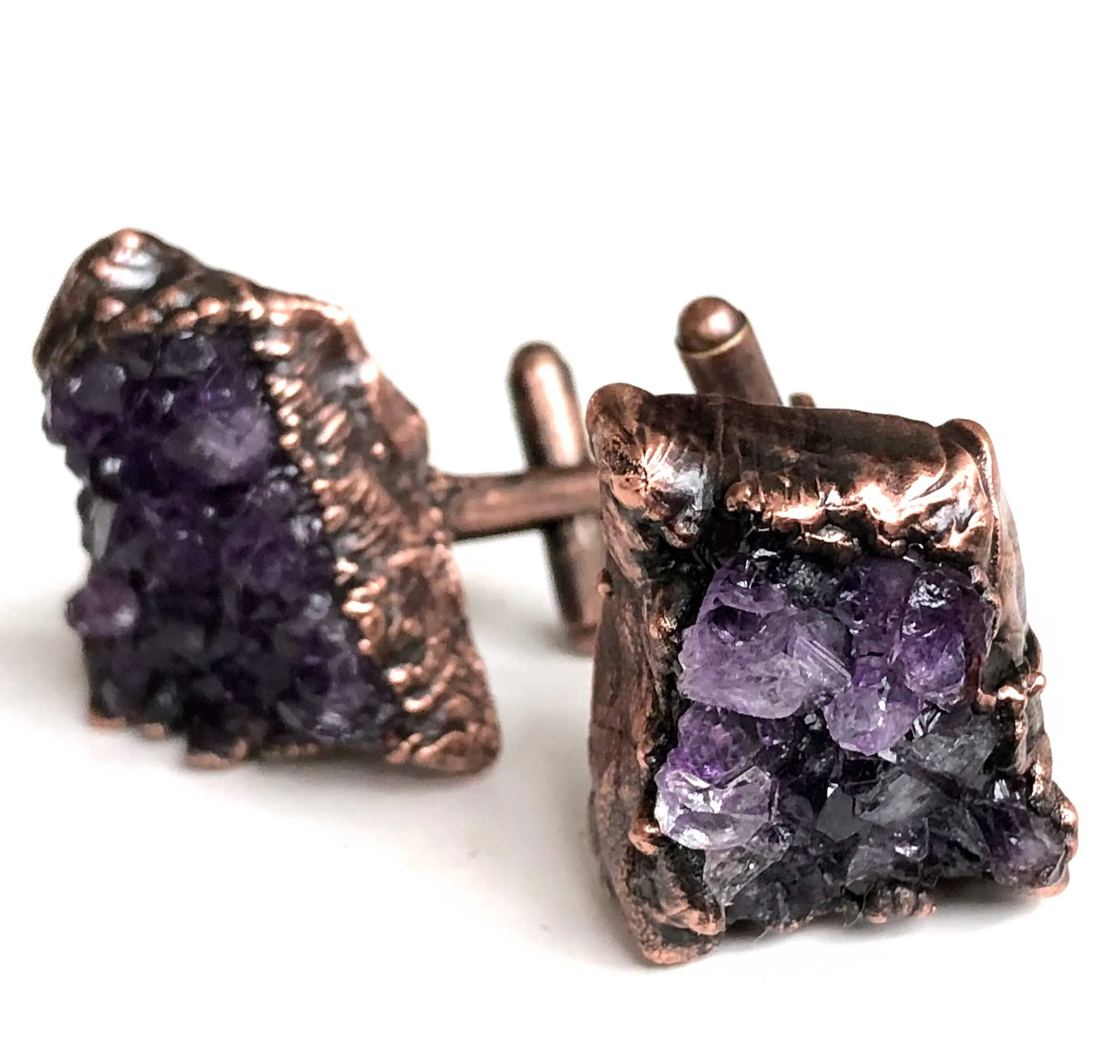 Amethyst Cufflinks. Electroformed copper & amethyst cluster, raw stone cuff links