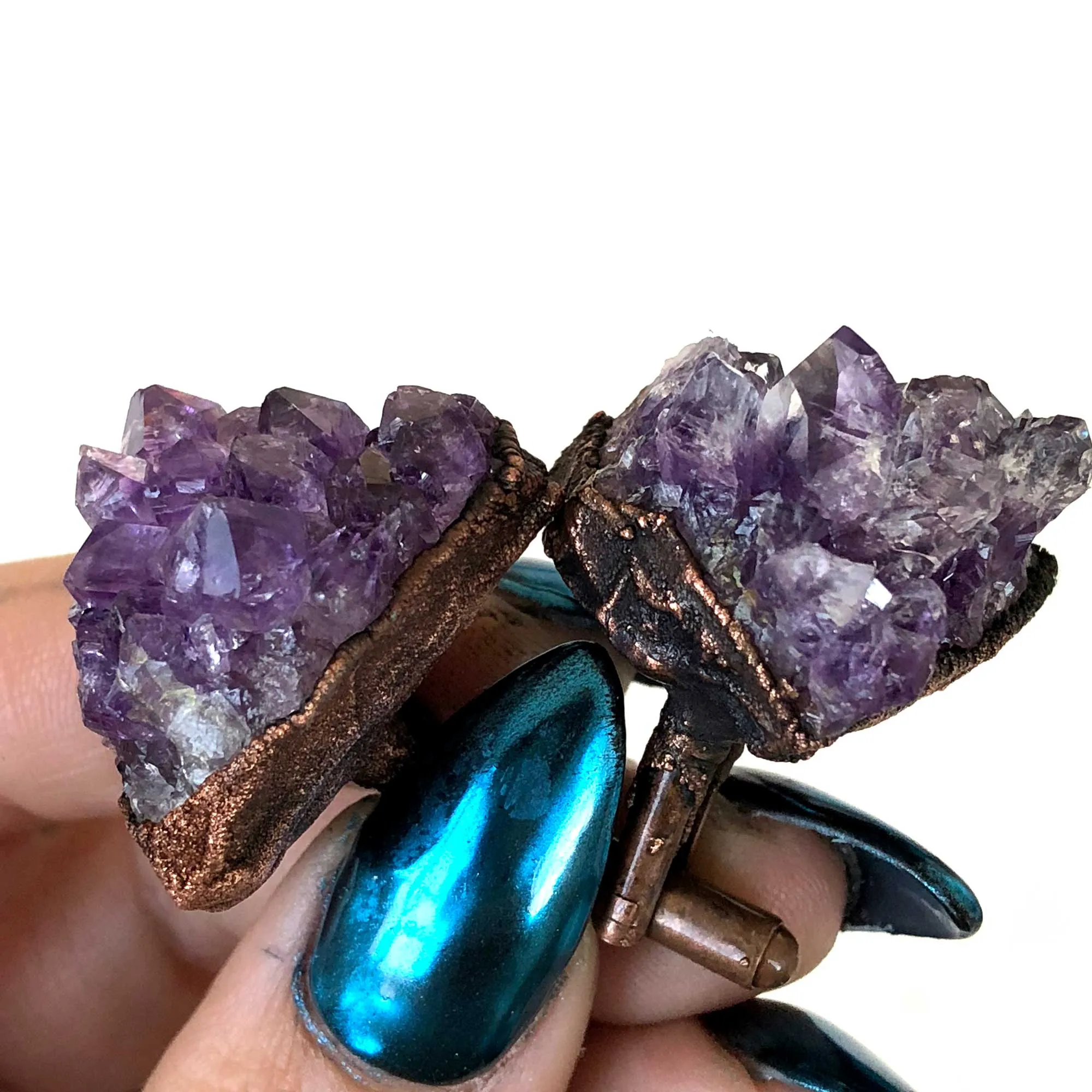 Amethyst Cufflinks. Electroformed copper & amethyst cluster, raw stone cuff links