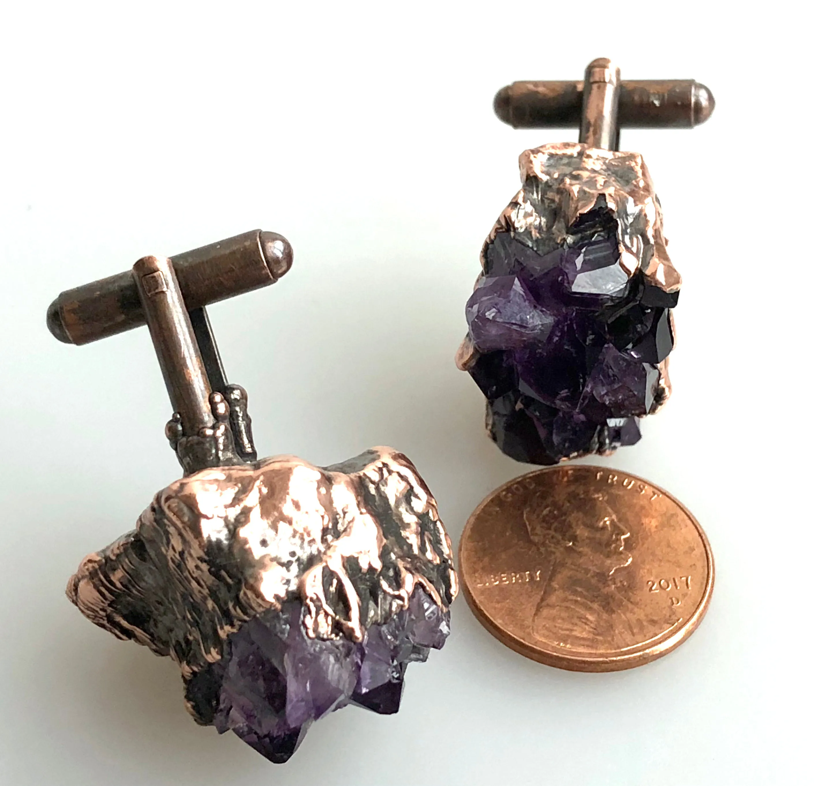 Amethyst Cufflinks. Electroformed copper & amethyst cluster, raw stone cuff links