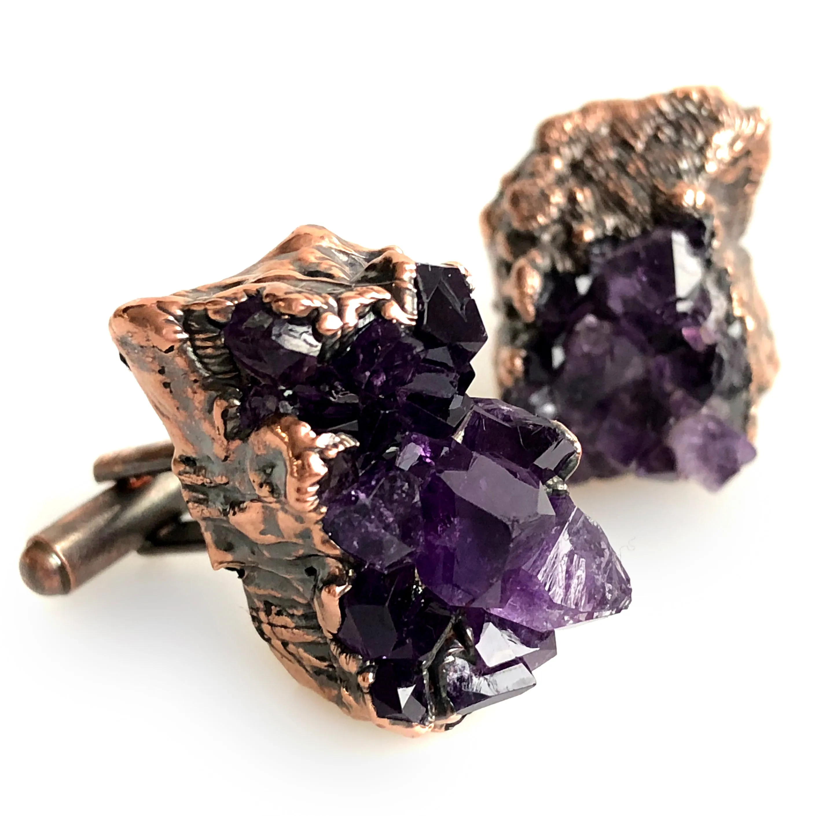 Amethyst Cufflinks. Electroformed copper & amethyst cluster, raw stone cuff links