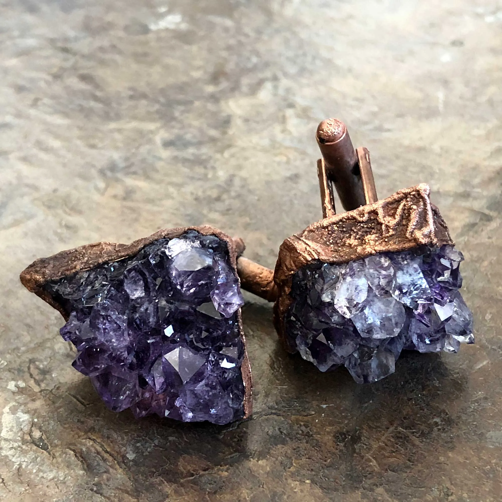 Amethyst Cufflinks. Electroformed copper & amethyst cluster, raw stone cuff links