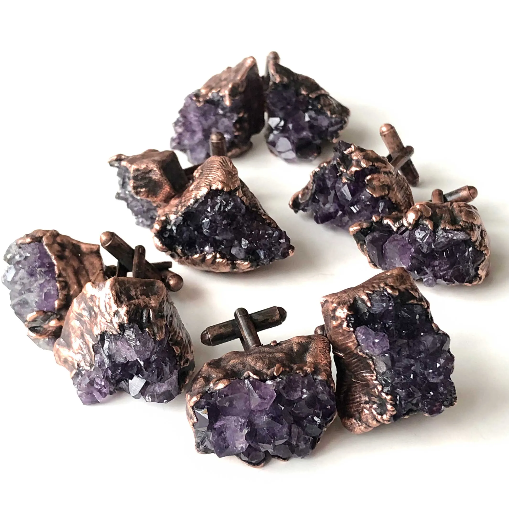 Amethyst Cufflinks. Electroformed copper & amethyst cluster, raw stone cuff links