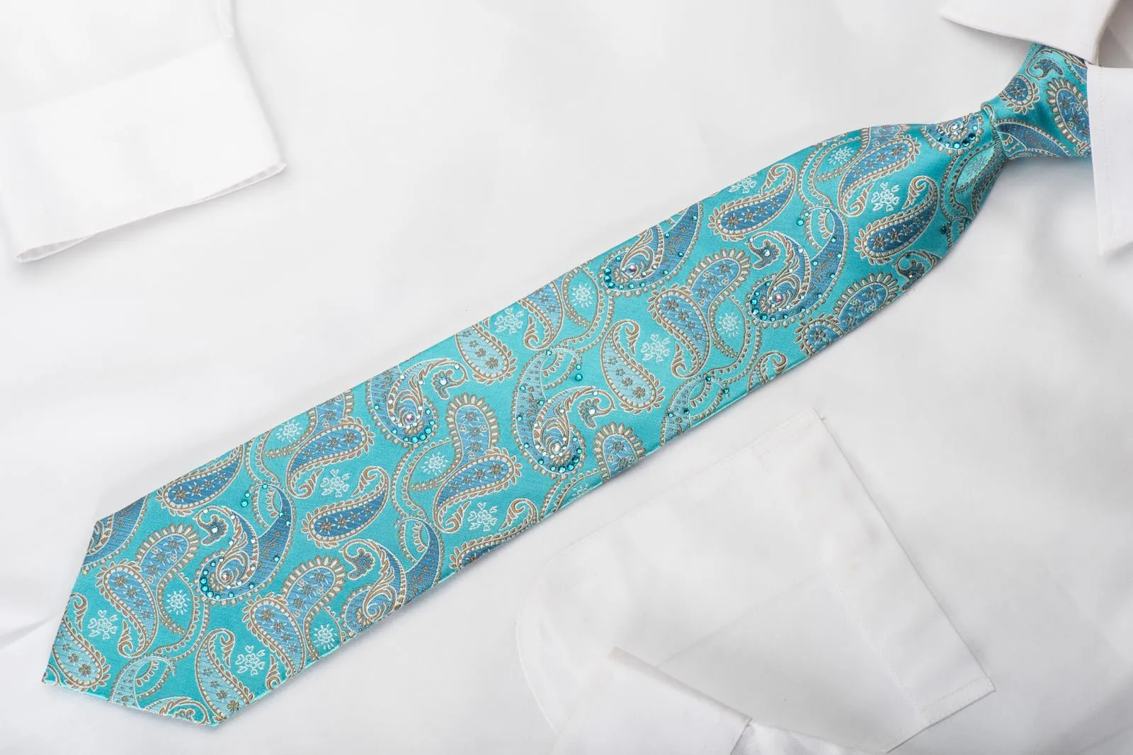 Anouazzi Homme Silk Necktie Paisley On Turquoise Blue Sparkling With Rhinestones