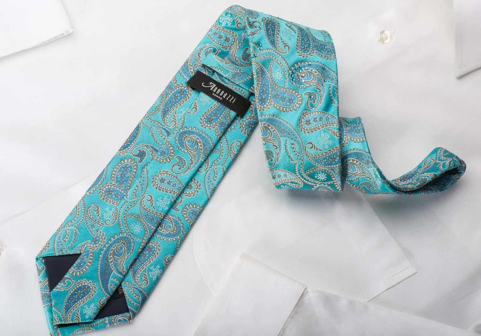 Anouazzi Homme Silk Necktie Paisley On Turquoise Blue Sparkling With Rhinestones