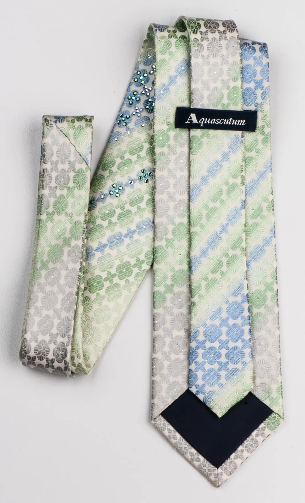 Aquascutum Silk Necktie Quatrefoil Light Green On White With Rhinestones