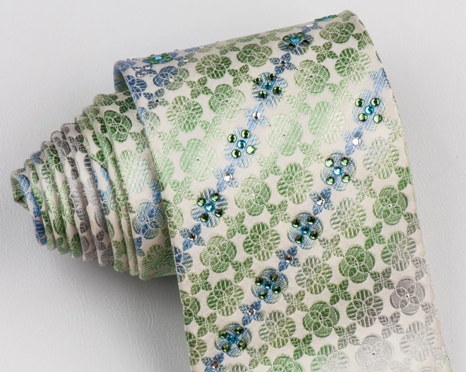 Aquascutum Silk Necktie Quatrefoil Light Green On White With Rhinestones