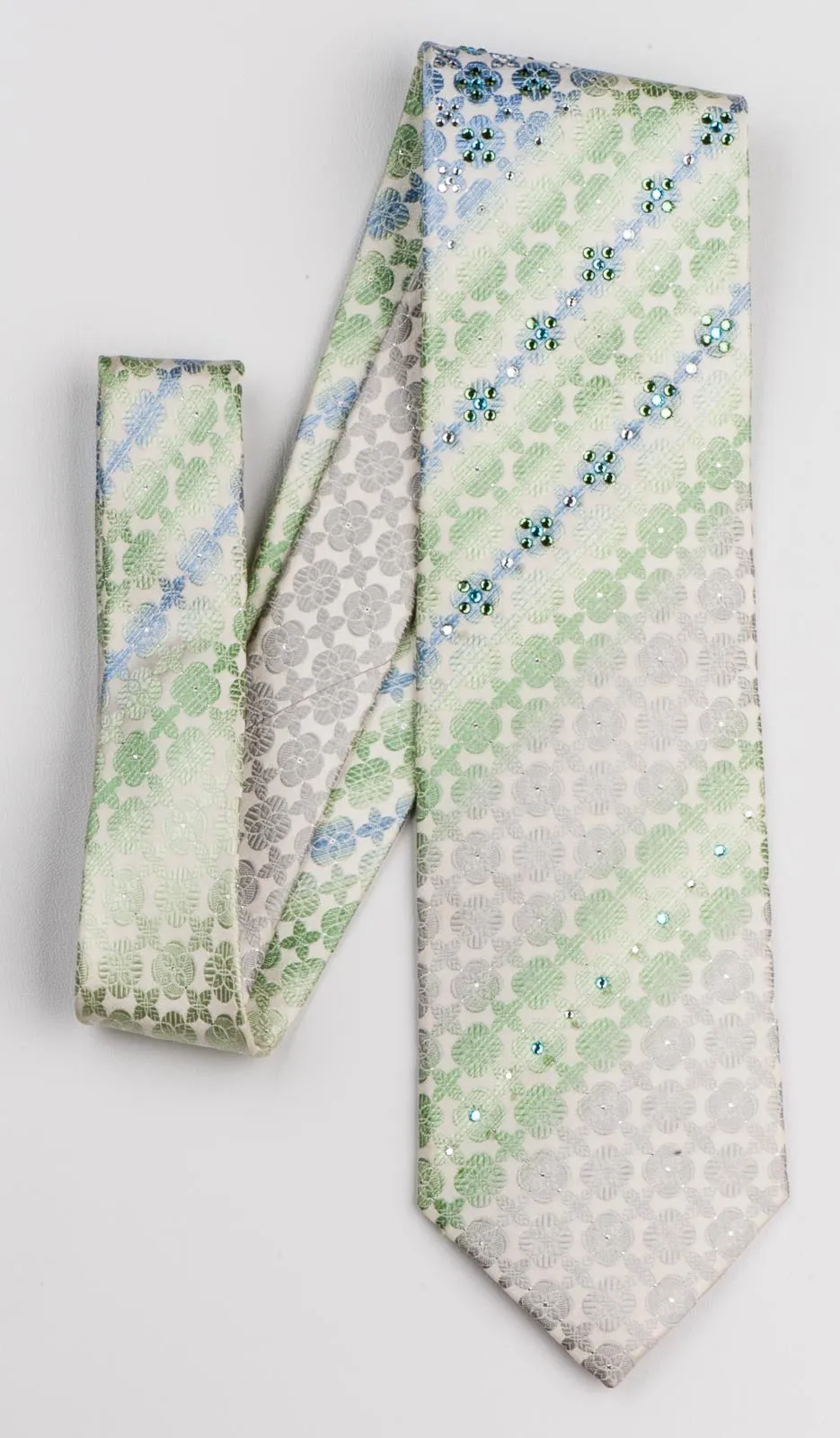 Aquascutum Silk Necktie Quatrefoil Light Green On White With Rhinestones