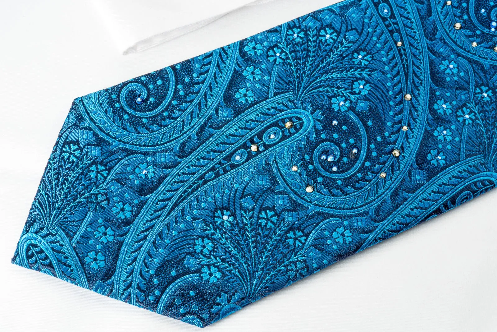 Aquascutum Silk Tie Paisley On Blue With Crystal Rhinestones