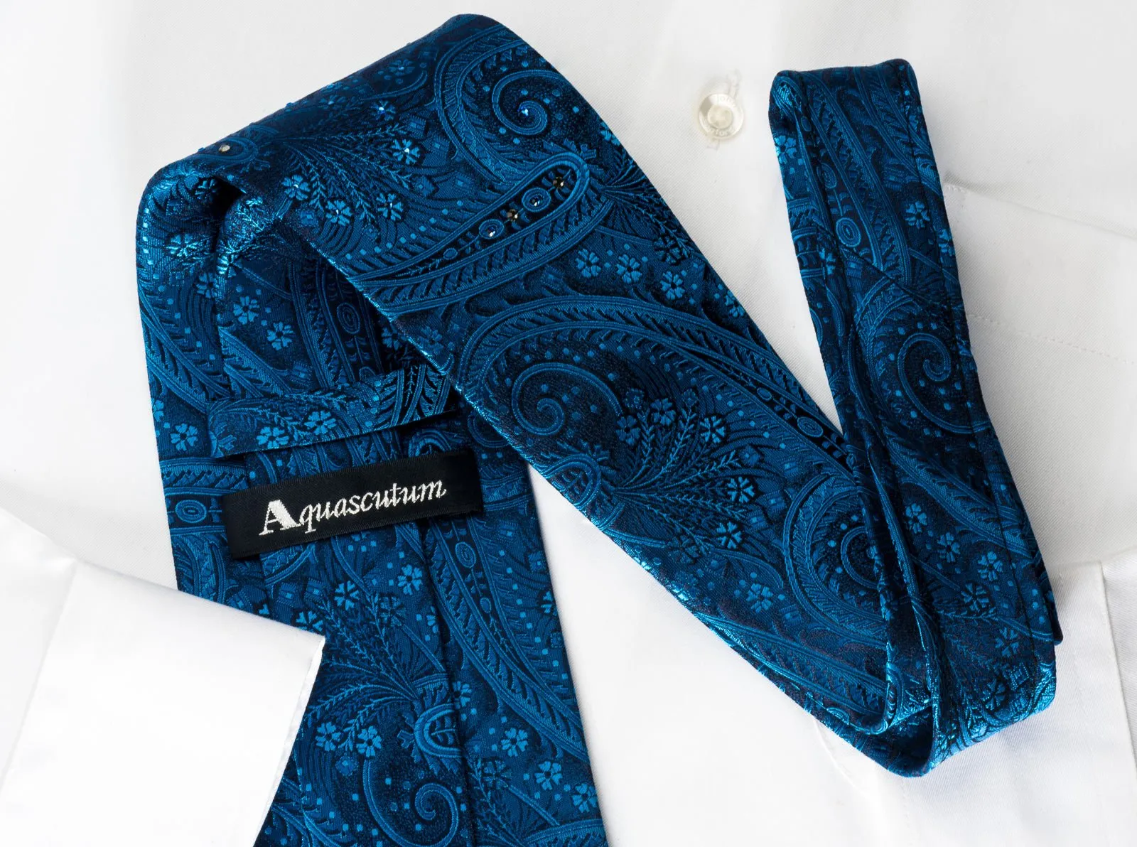 Aquascutum Silk Tie Paisley On Blue With Crystal Rhinestones