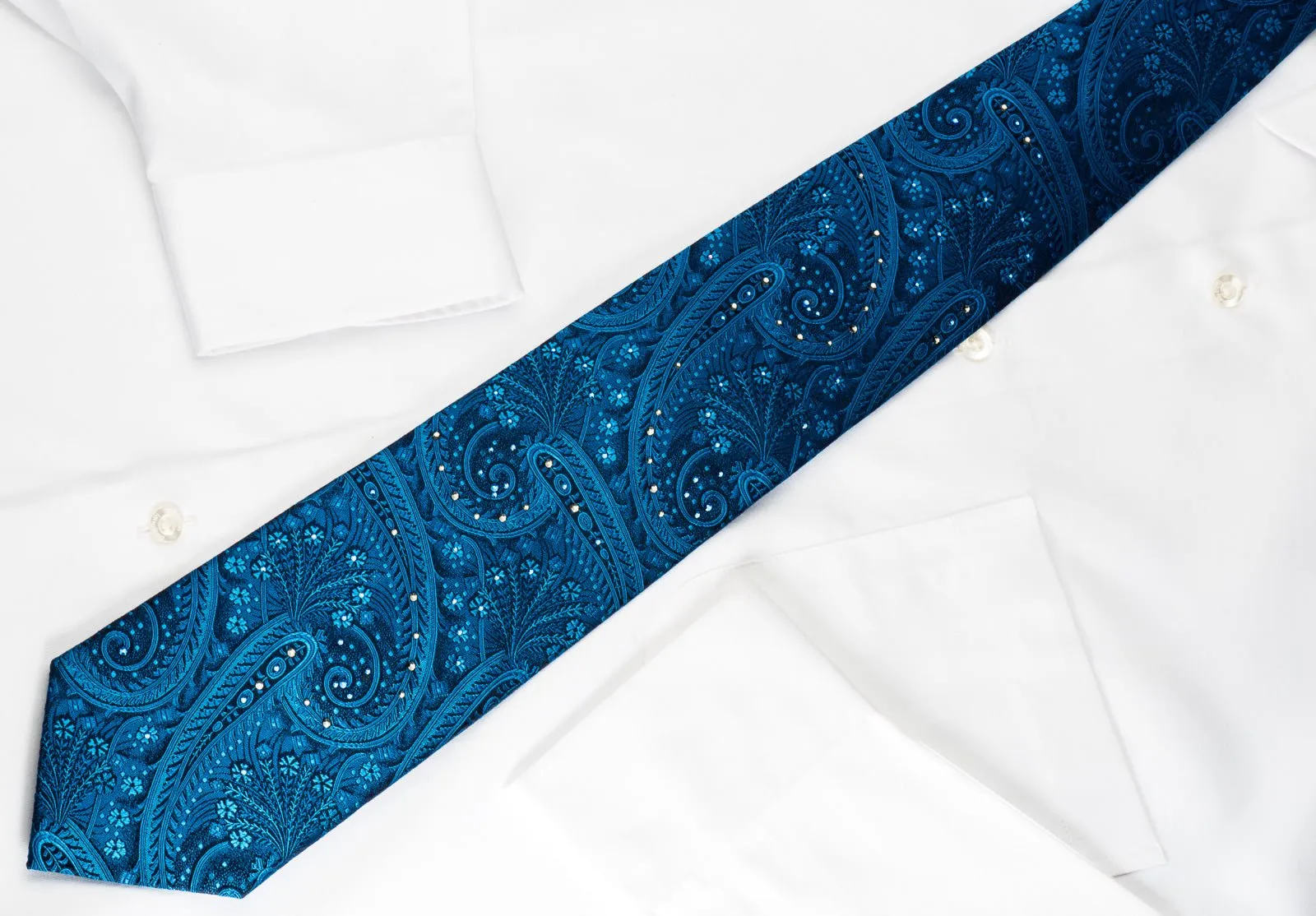 Aquascutum Silk Tie Paisley On Blue With Crystal Rhinestones