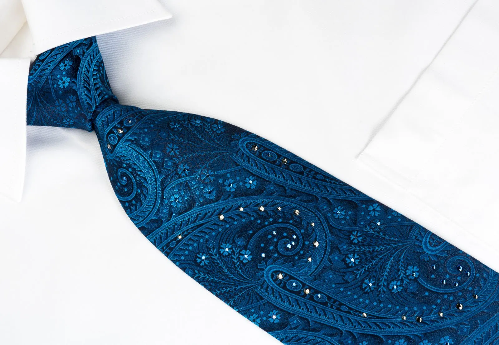 Aquascutum Silk Tie Paisley On Blue With Crystal Rhinestones