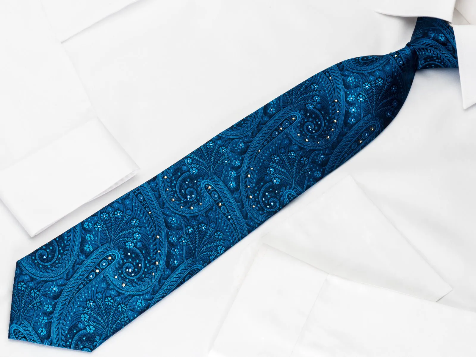 Aquascutum Silk Tie Paisley On Blue With Crystal Rhinestones