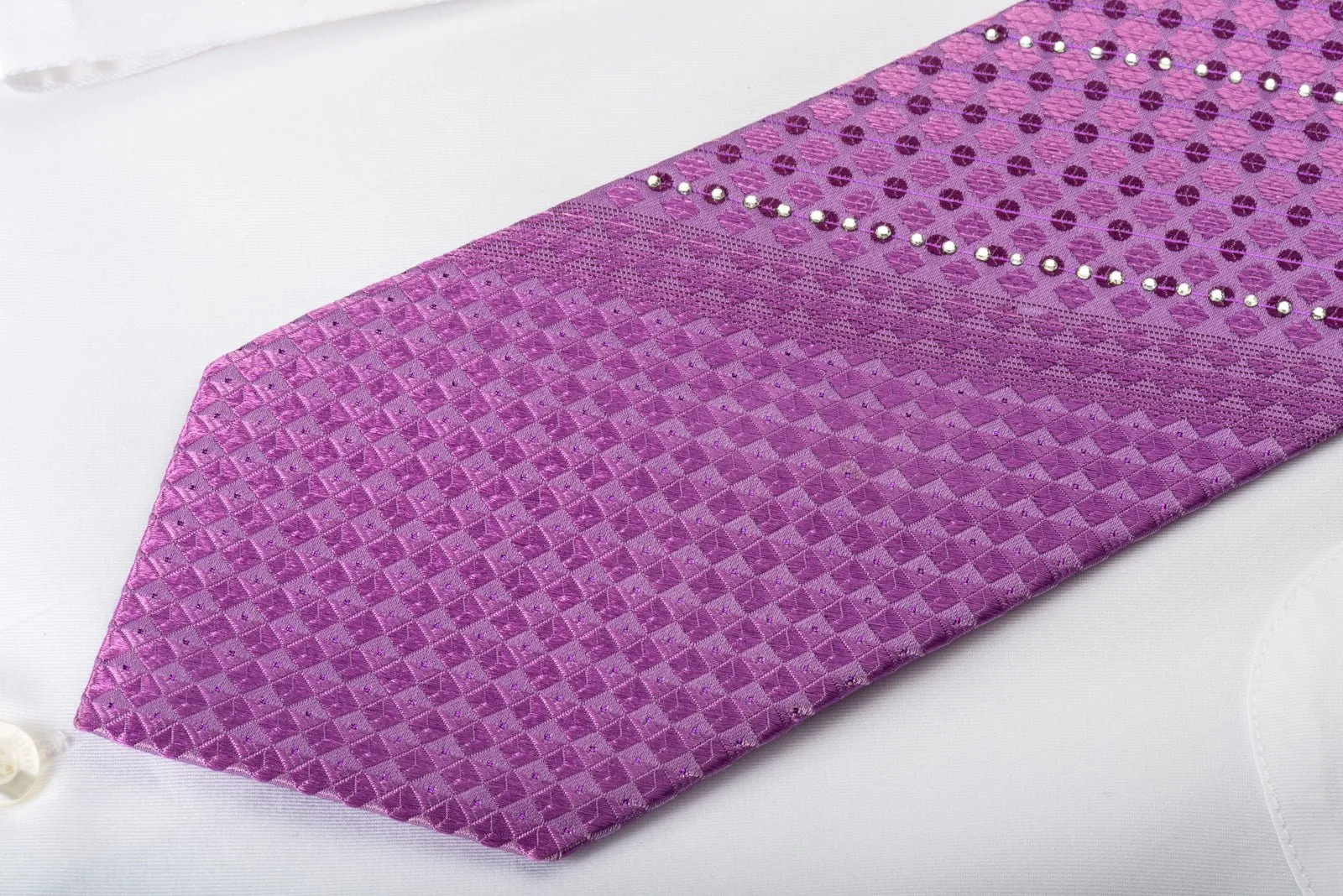 Arpeggio Rhinestone Silk Necktie Checker Dots On Purple With Silver Sparkles