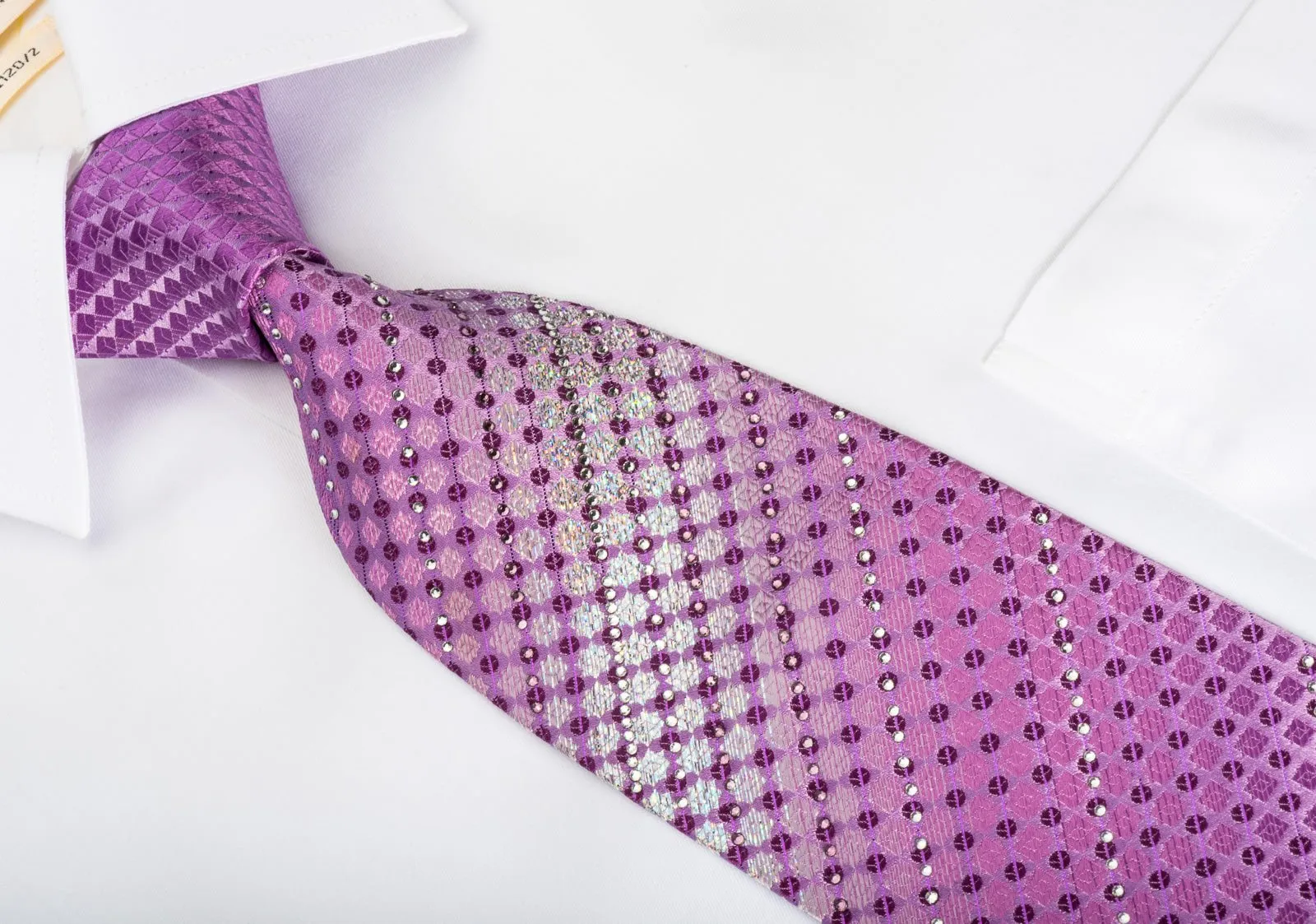 Arpeggio Rhinestone Silk Necktie Checker Dots On Purple With Silver Sparkles