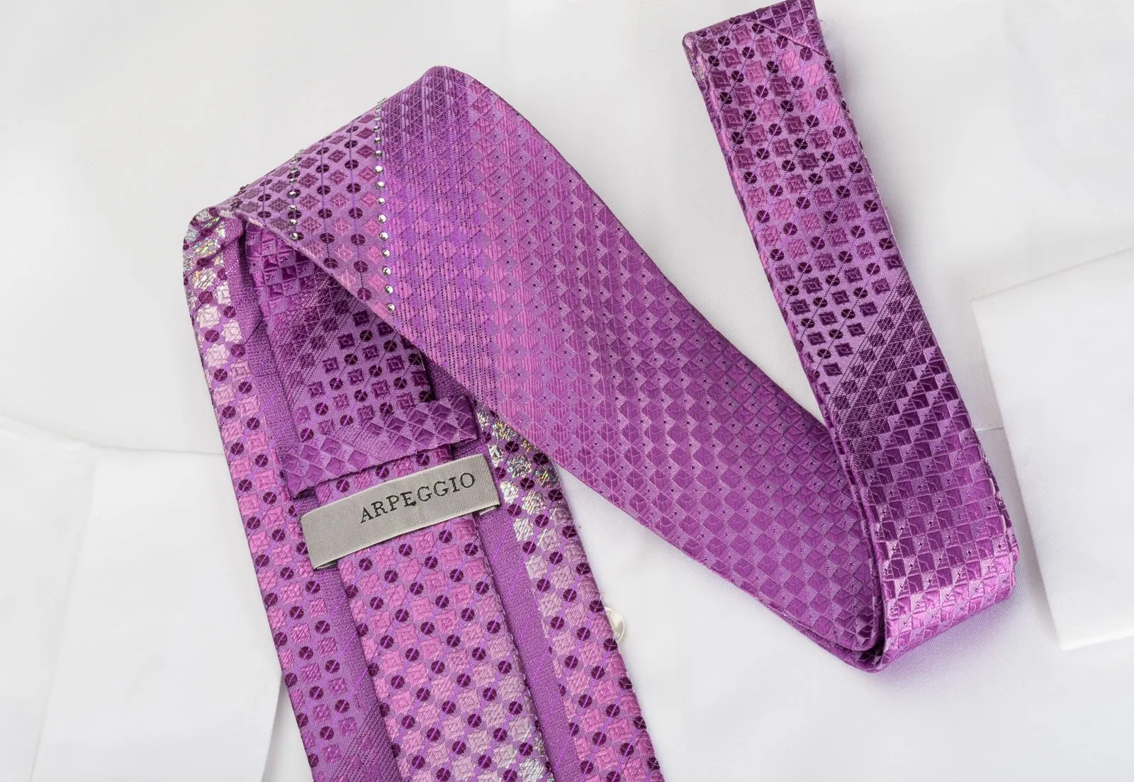 Arpeggio Rhinestone Silk Necktie Checker Dots On Purple With Silver Sparkles