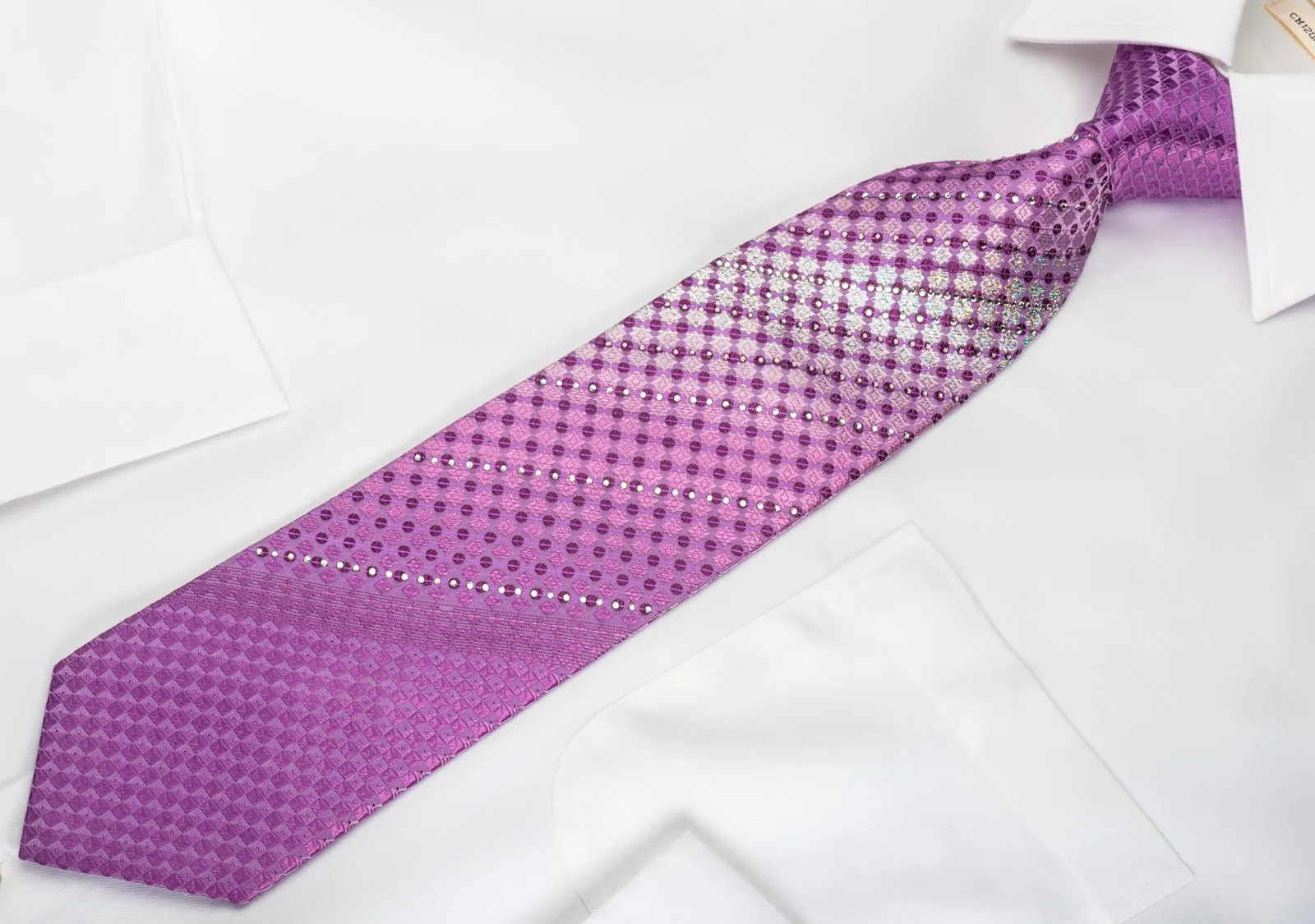 Arpeggio Rhinestone Silk Necktie Checker Dots On Purple With Silver Sparkles