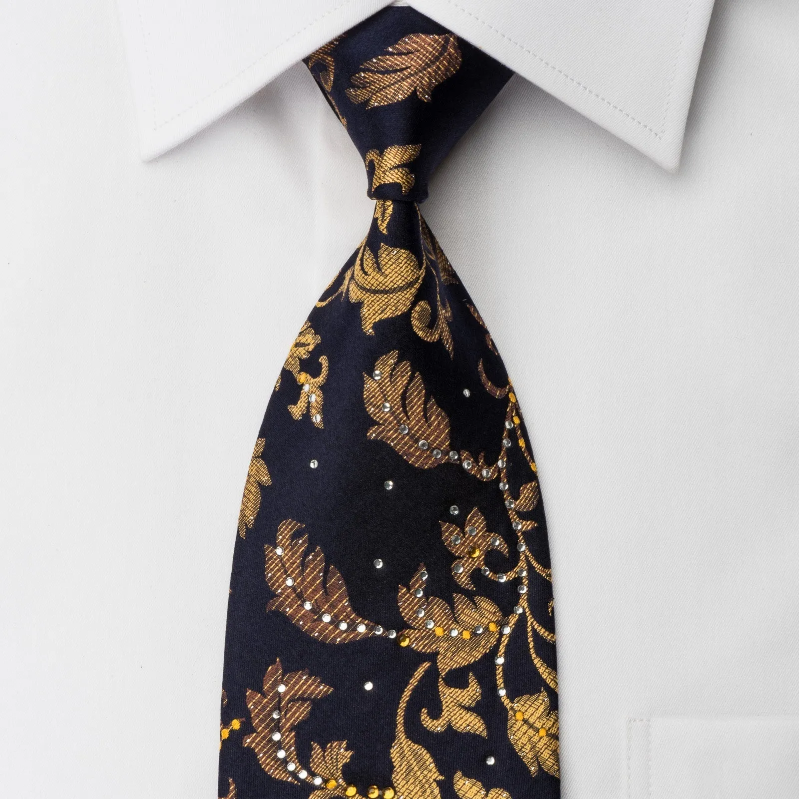 Austin Reed Rhinestone Tie Golden Vines On Black With Silver Sparkles