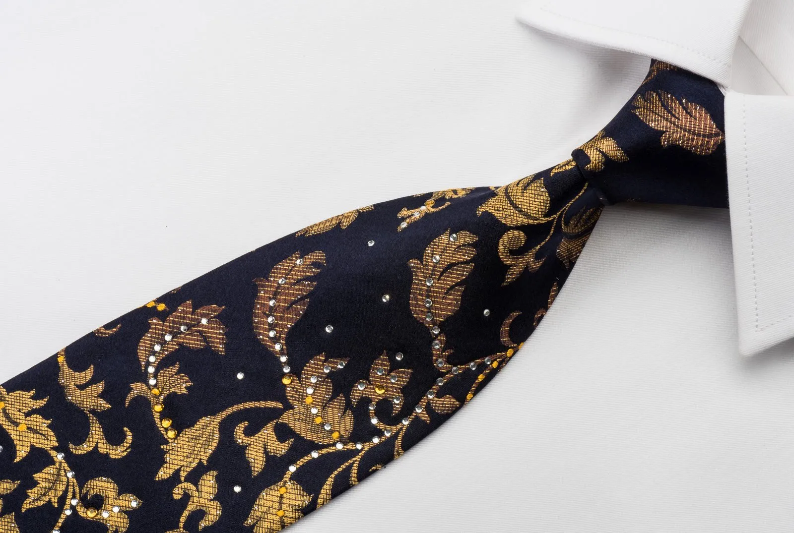 Austin Reed Rhinestone Tie Golden Vines On Black With Silver Sparkles