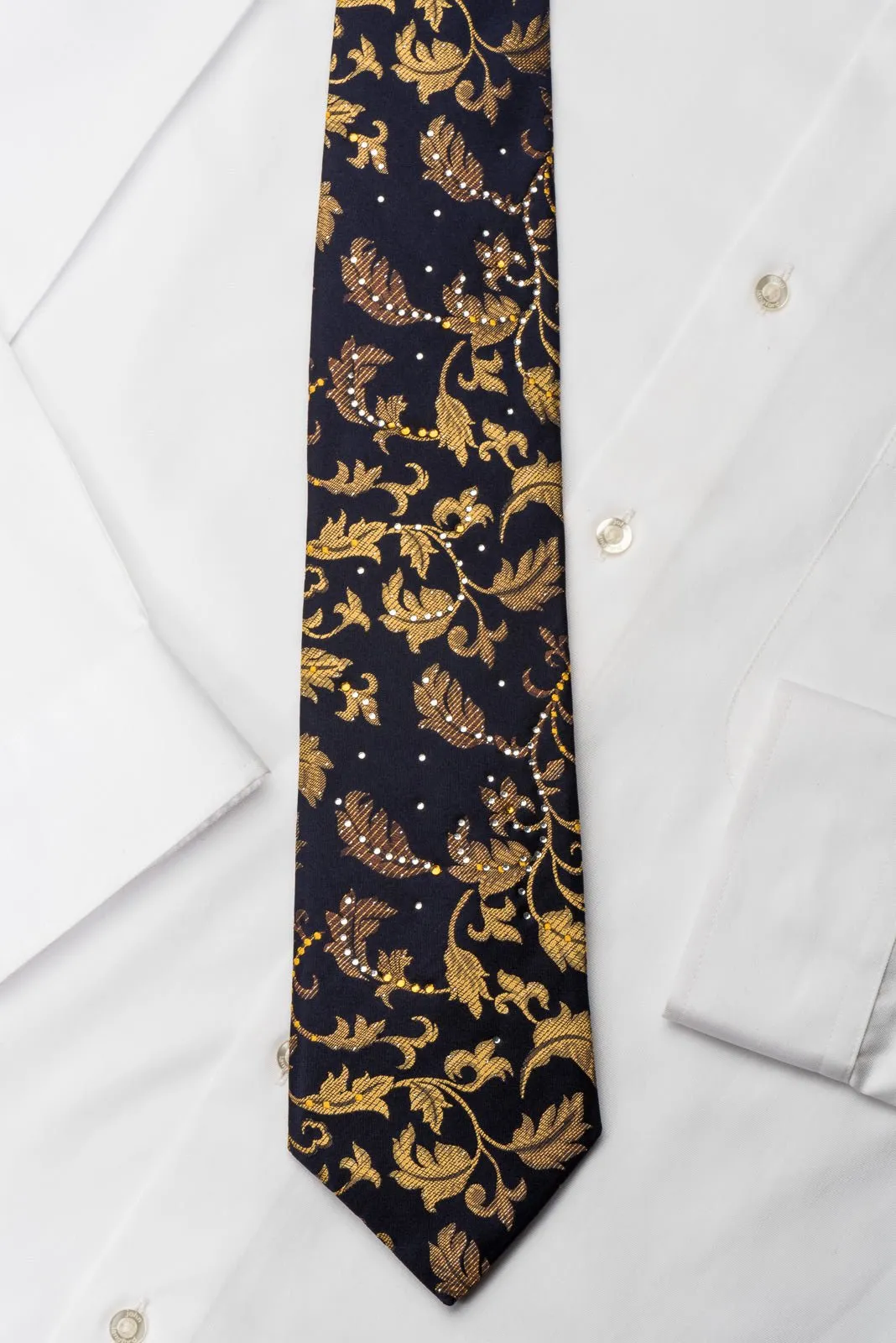 Austin Reed Rhinestone Tie Golden Vines On Black With Silver Sparkles