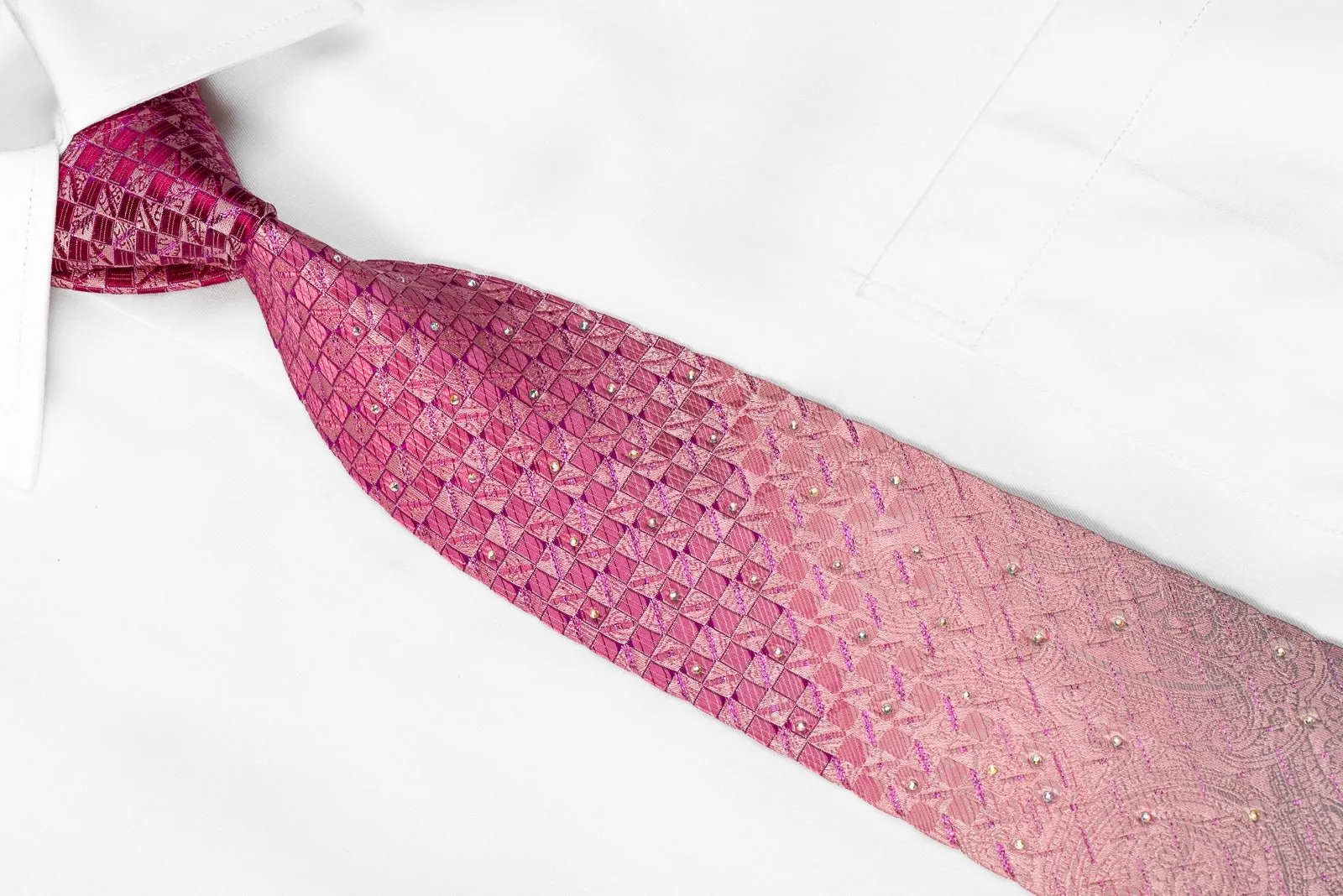 Avalon Mens Crystal Silk Necktie Checkered & Paisley On Pink With Sparkles