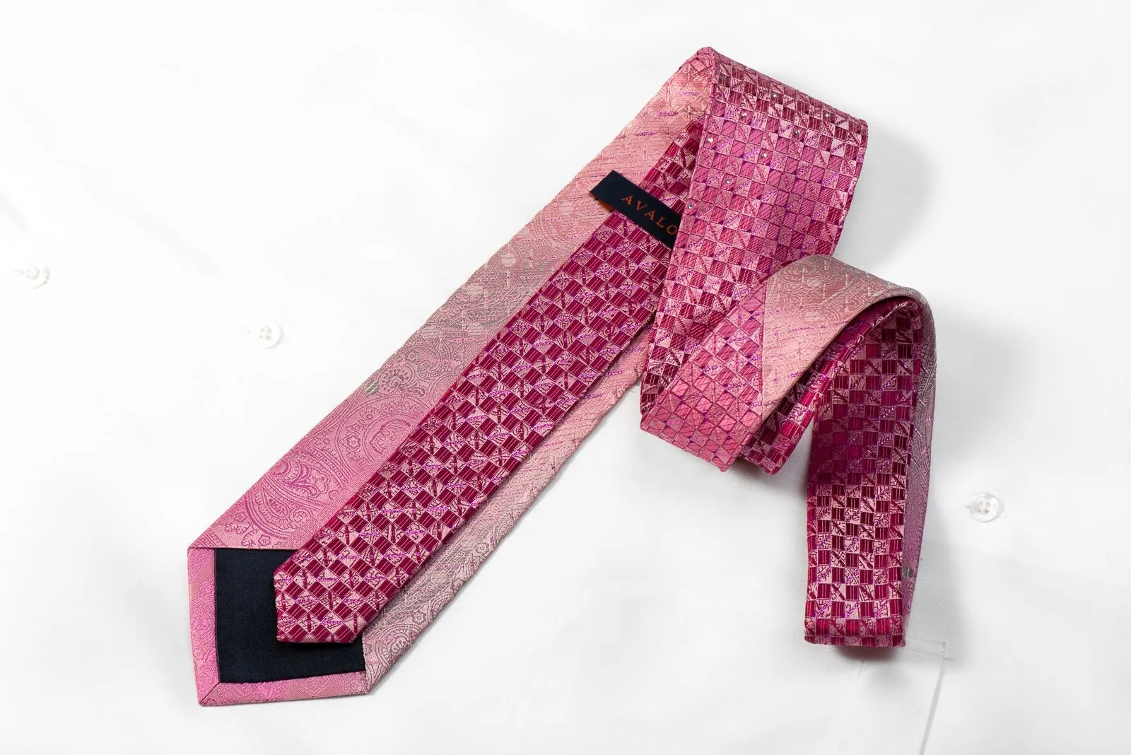 Avalon Mens Crystal Silk Necktie Checkered & Paisley On Pink With Sparkles