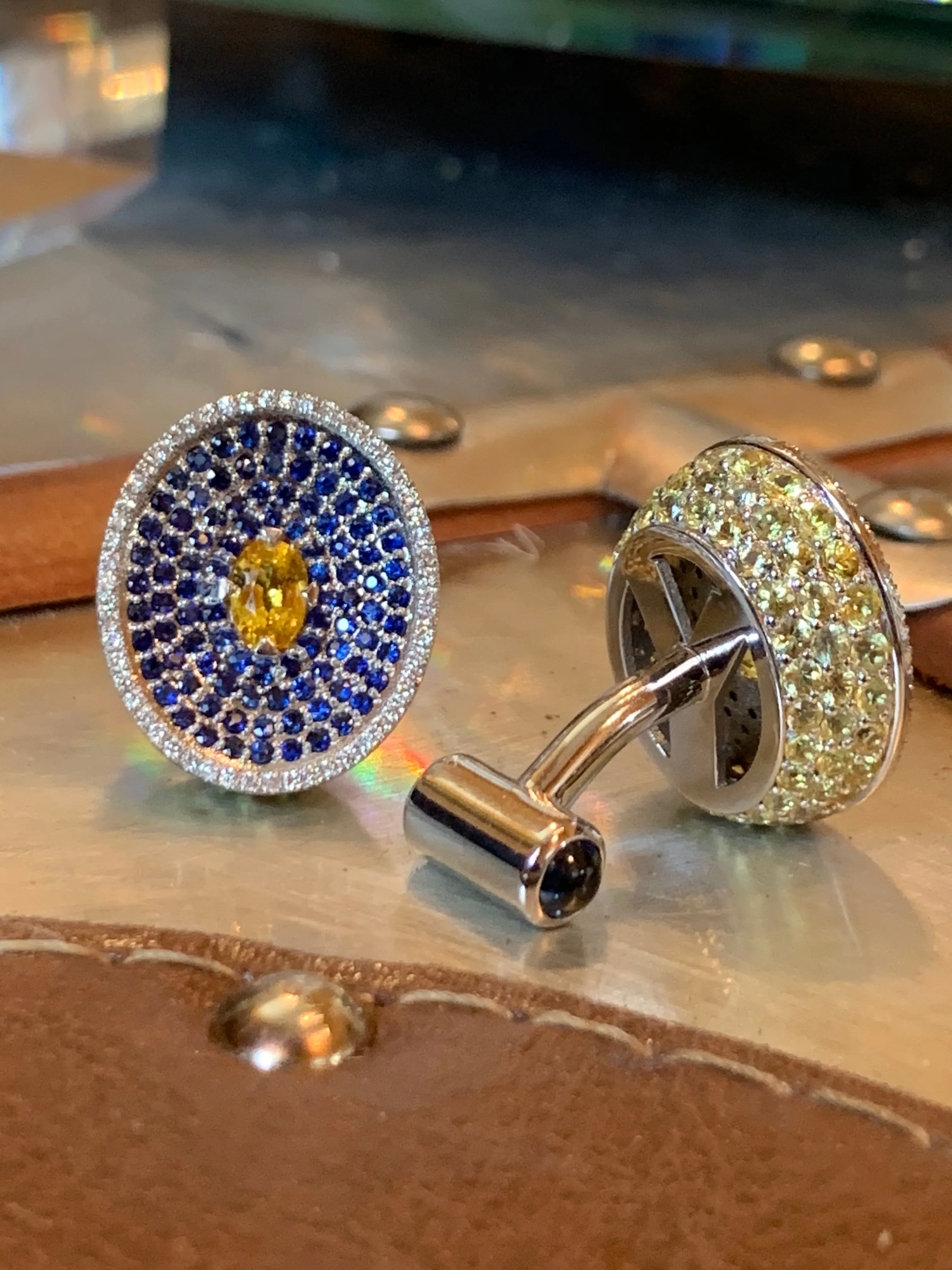 Blue and yellow Sapphire customized cufflinks