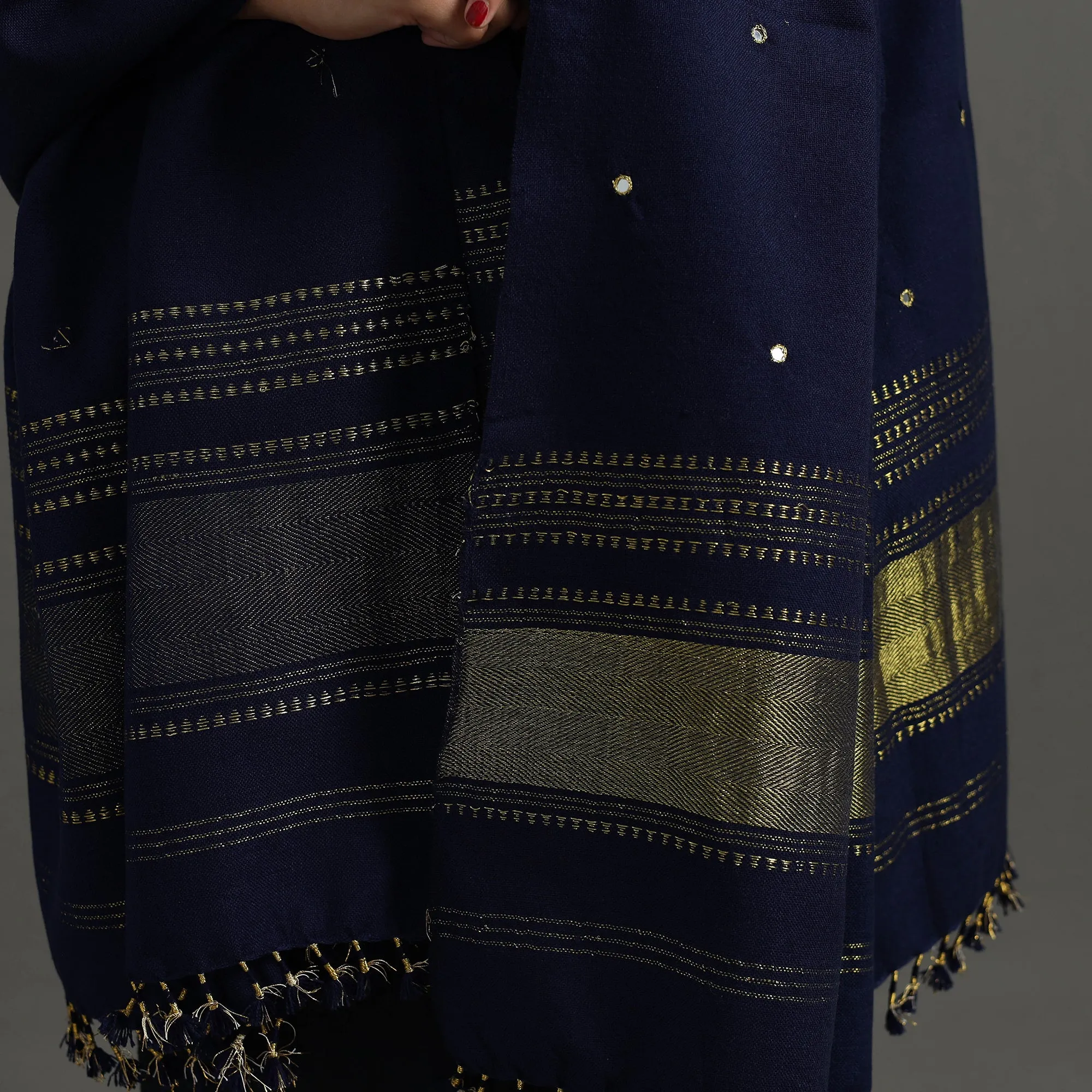 Blue - Kutch Zari Hand Embroidery Mirror Work Woollen Shawl 134