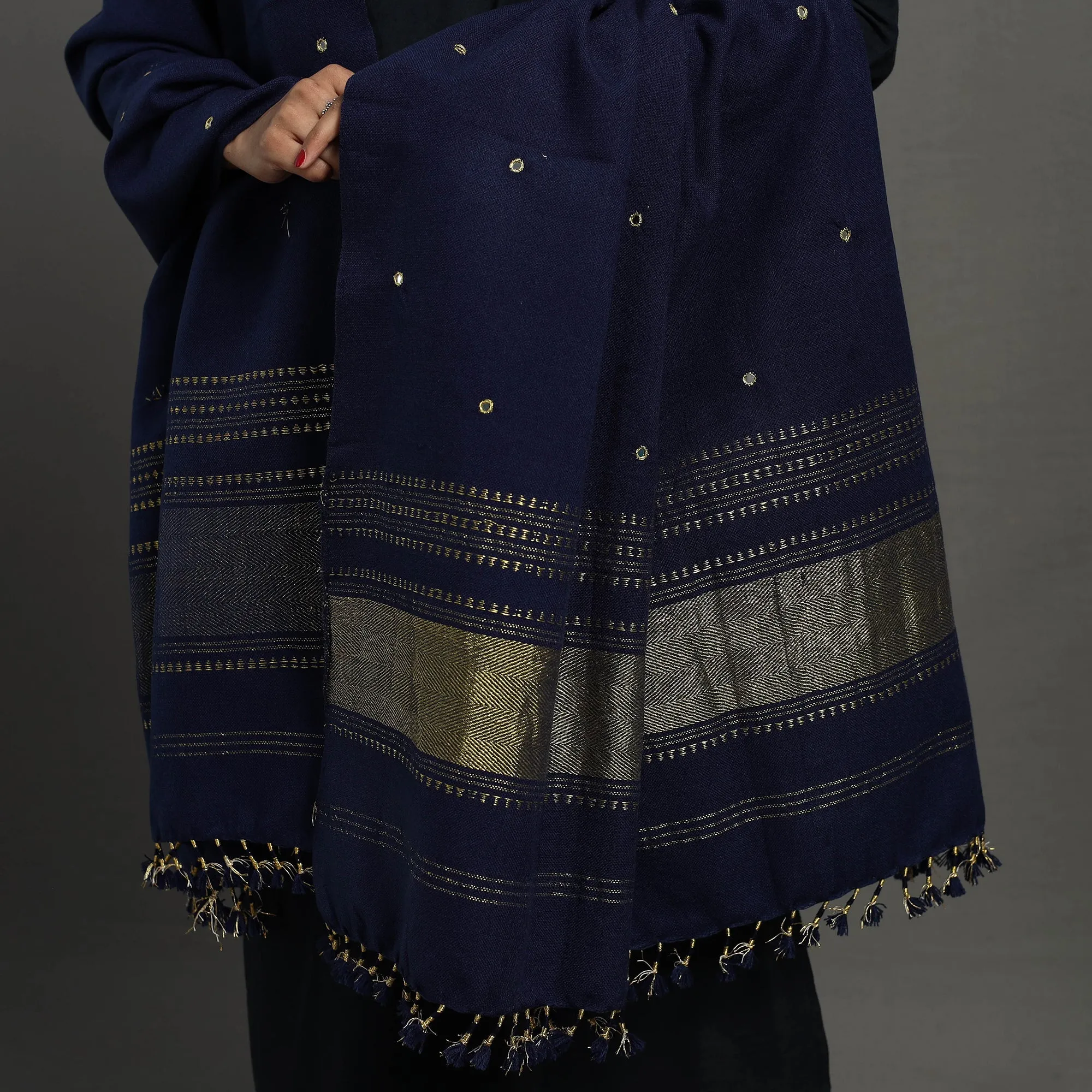 Blue - Kutch Zari Hand Embroidery Mirror Work Woollen Shawl 134