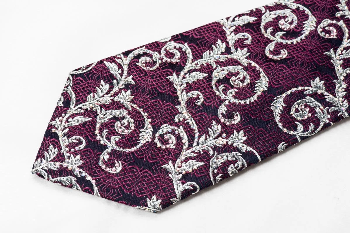 Bruno Baffi Men's Crystal Silk Necktie Silver Acanthus Purple Trellis On Navy With Silver Sparkles