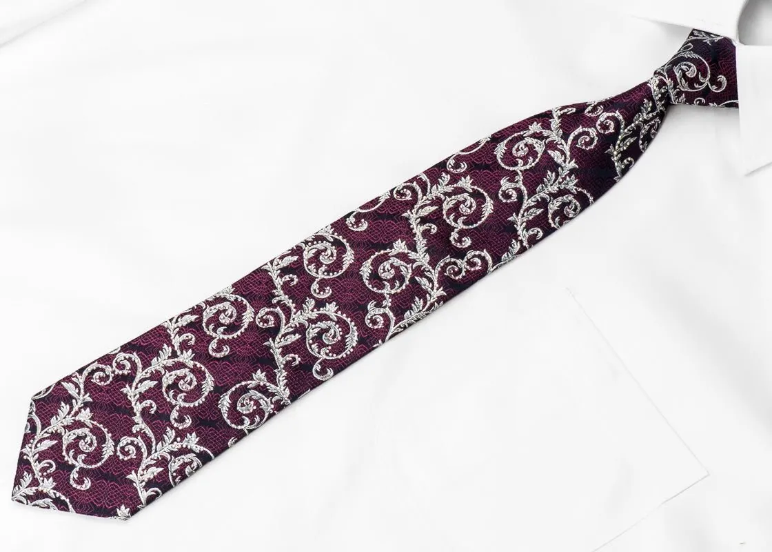 Bruno Baffi Men's Crystal Silk Necktie Silver Acanthus Purple Trellis On Navy With Silver Sparkles