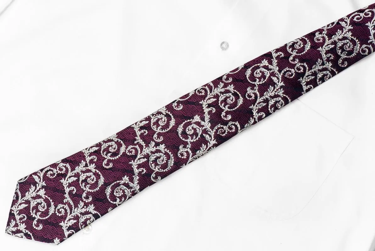 Bruno Baffi Men's Crystal Silk Necktie Silver Acanthus Purple Trellis On Navy With Silver Sparkles