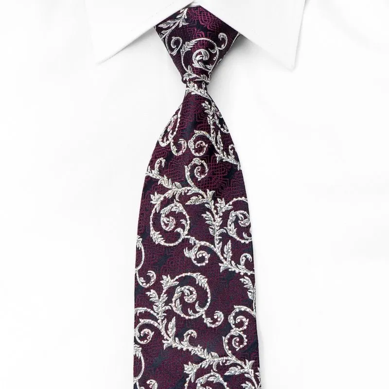 Bruno Baffi Men's Crystal Silk Necktie Silver Acanthus Purple Trellis On Navy With Silver Sparkles