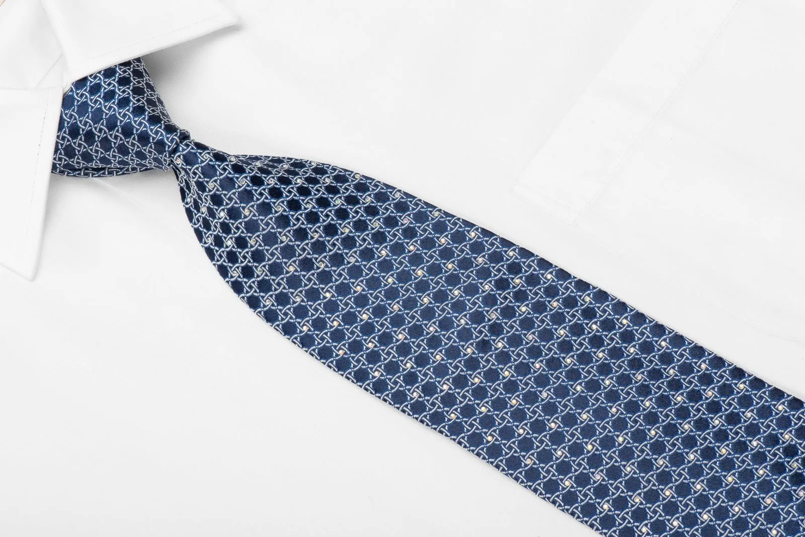 Bruno Baffi Men's Crystal Silk Necktie Silver Chain On Blue Sparkling With Rhinestones