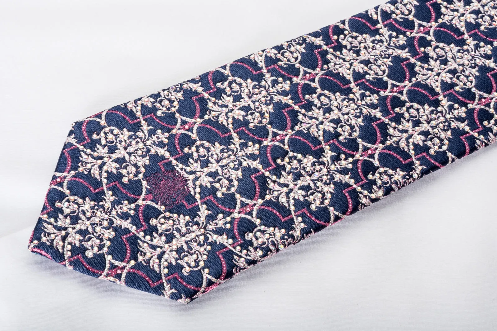 Cabrini Rhinestone Silk Necktie Silver Damask On Blue With Silver Sparkles