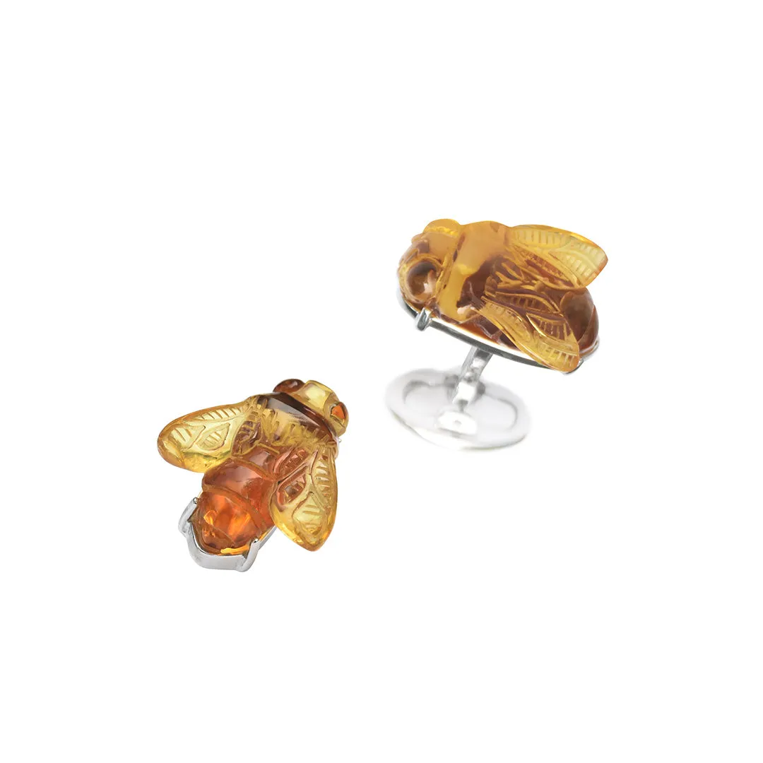 Carved Amber Gemstone Bee Sterling Silver Cufflinks I Jan Leslie