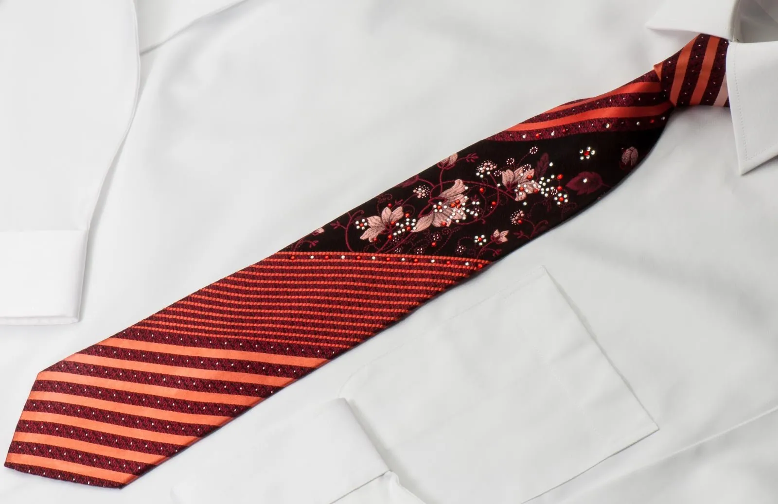 Charles de Alma Crystal Rhinestone Necktie Floral & Stripes On Burgundy With Sparkles