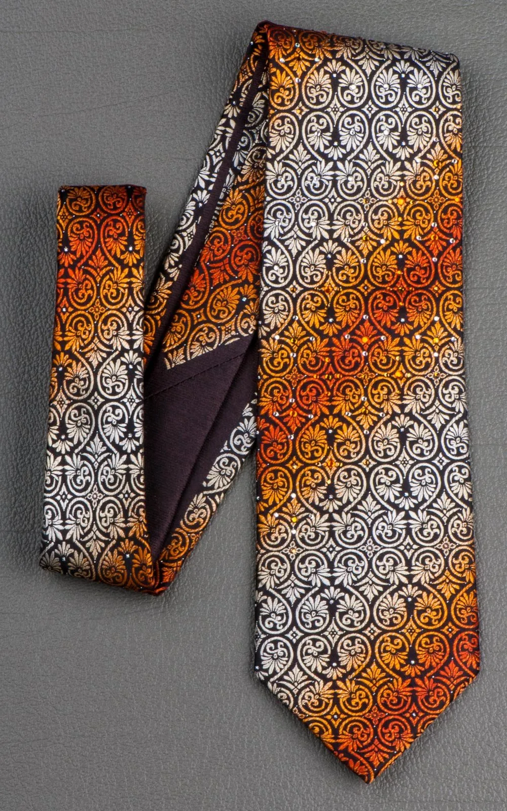 Christian Aujard Rhinestone Tie Orange Anthemion On Black Classic 3 1/2 Inch