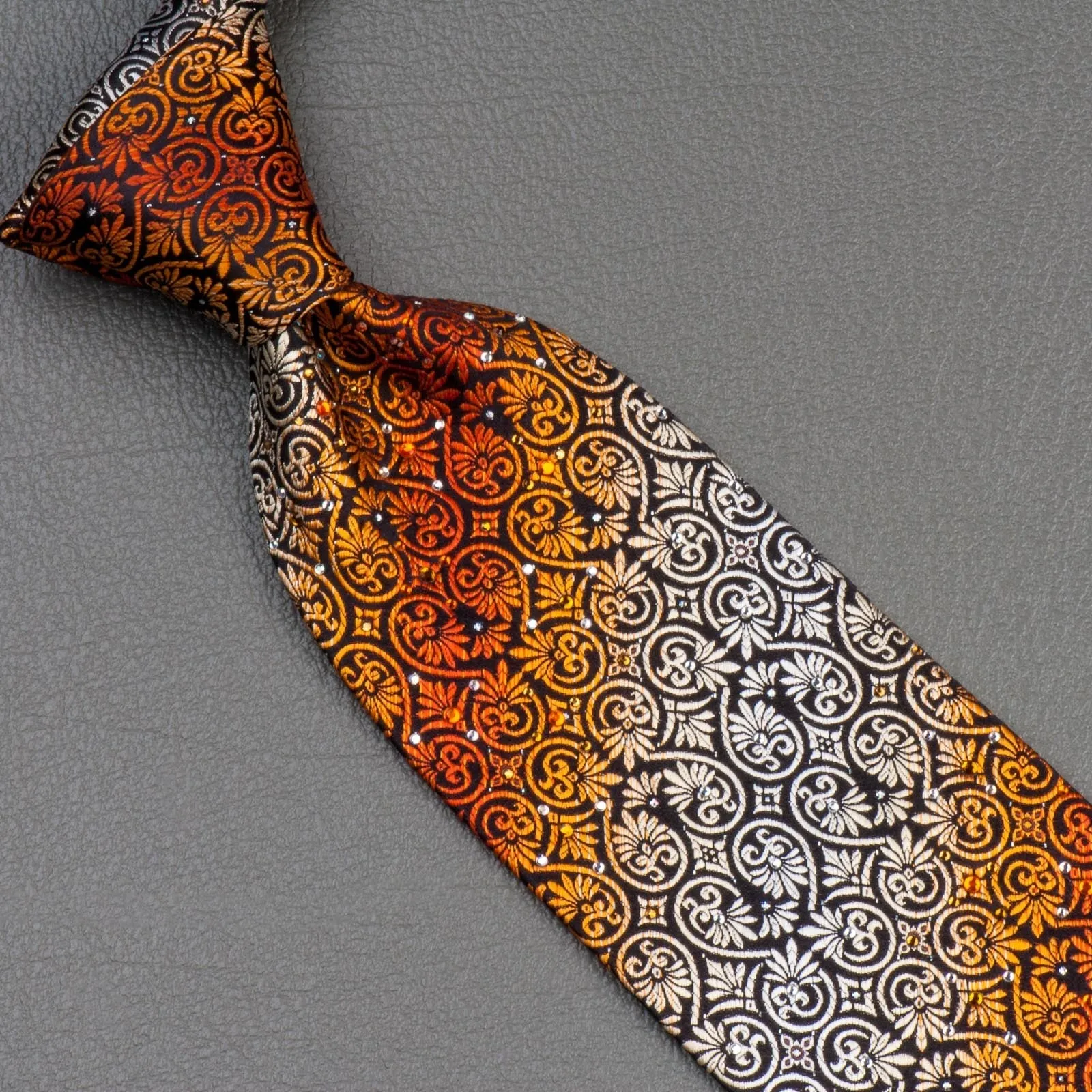 Christian Aujard Rhinestone Tie Orange Anthemion On Black Classic 3 1/2 Inch