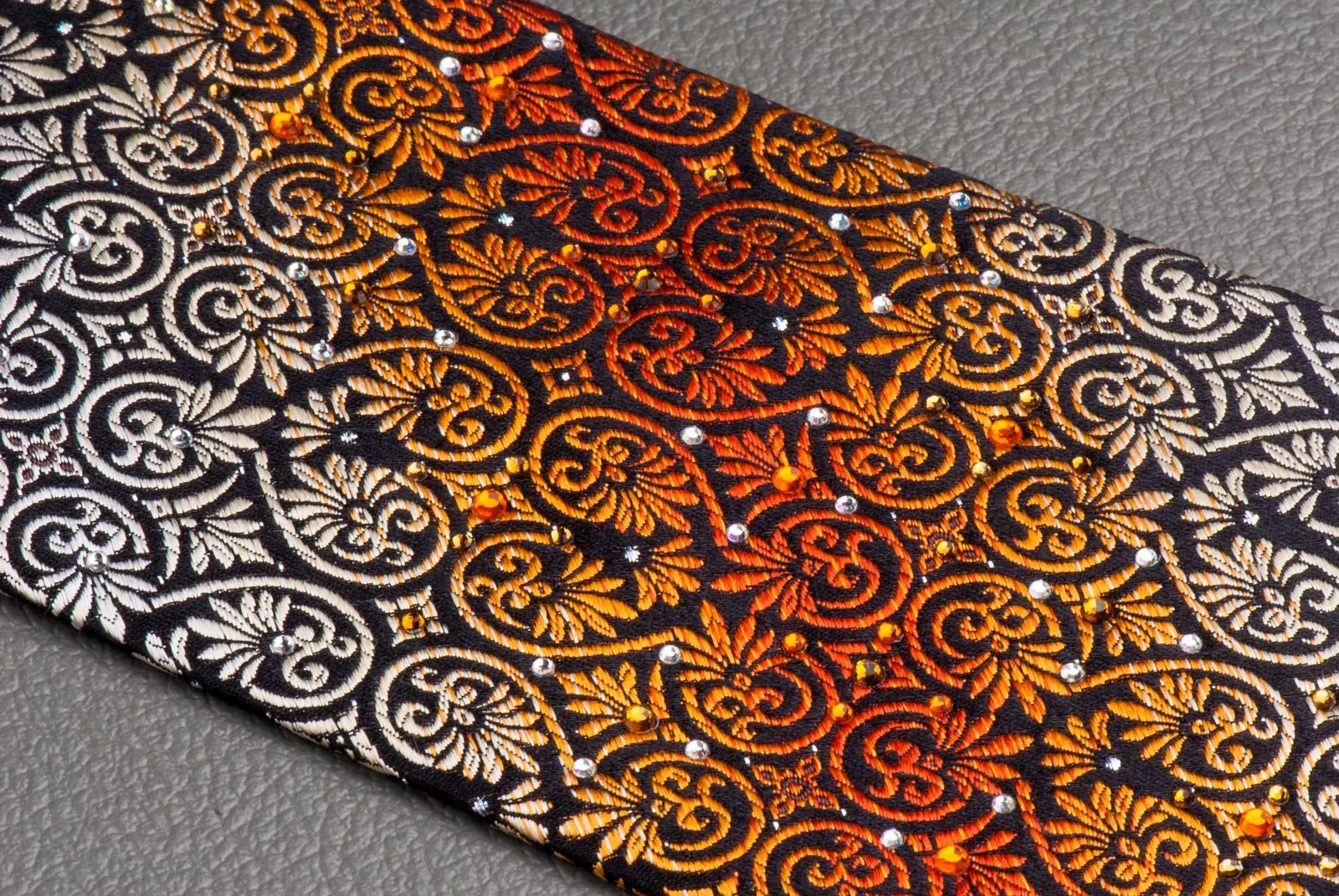 Christian Aujard Rhinestone Tie Orange Anthemion On Black Classic 3 1/2 Inch