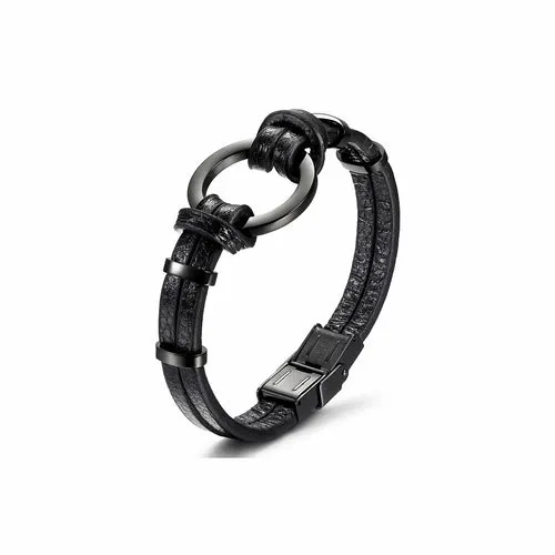 Circle Warp Leather Bracelet (Black/Silver)