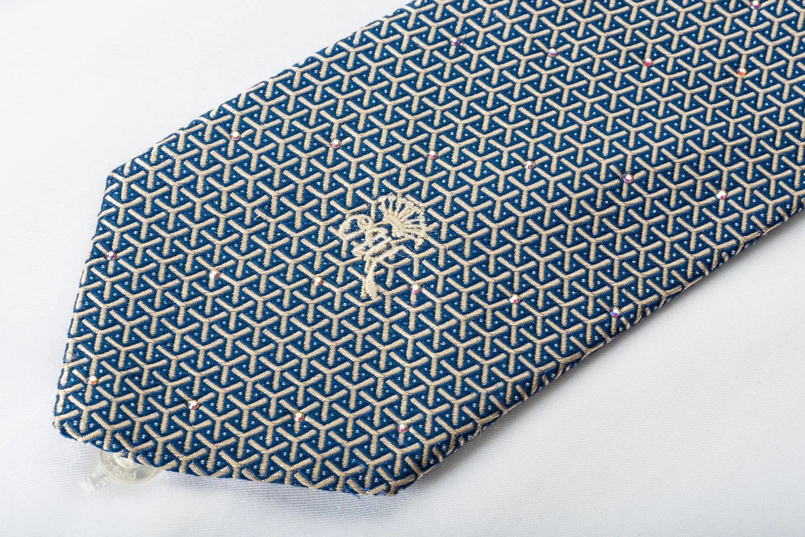 Countess Mara Silk Rhinestone Necktie Silver Trellis On Blue With Sparkles