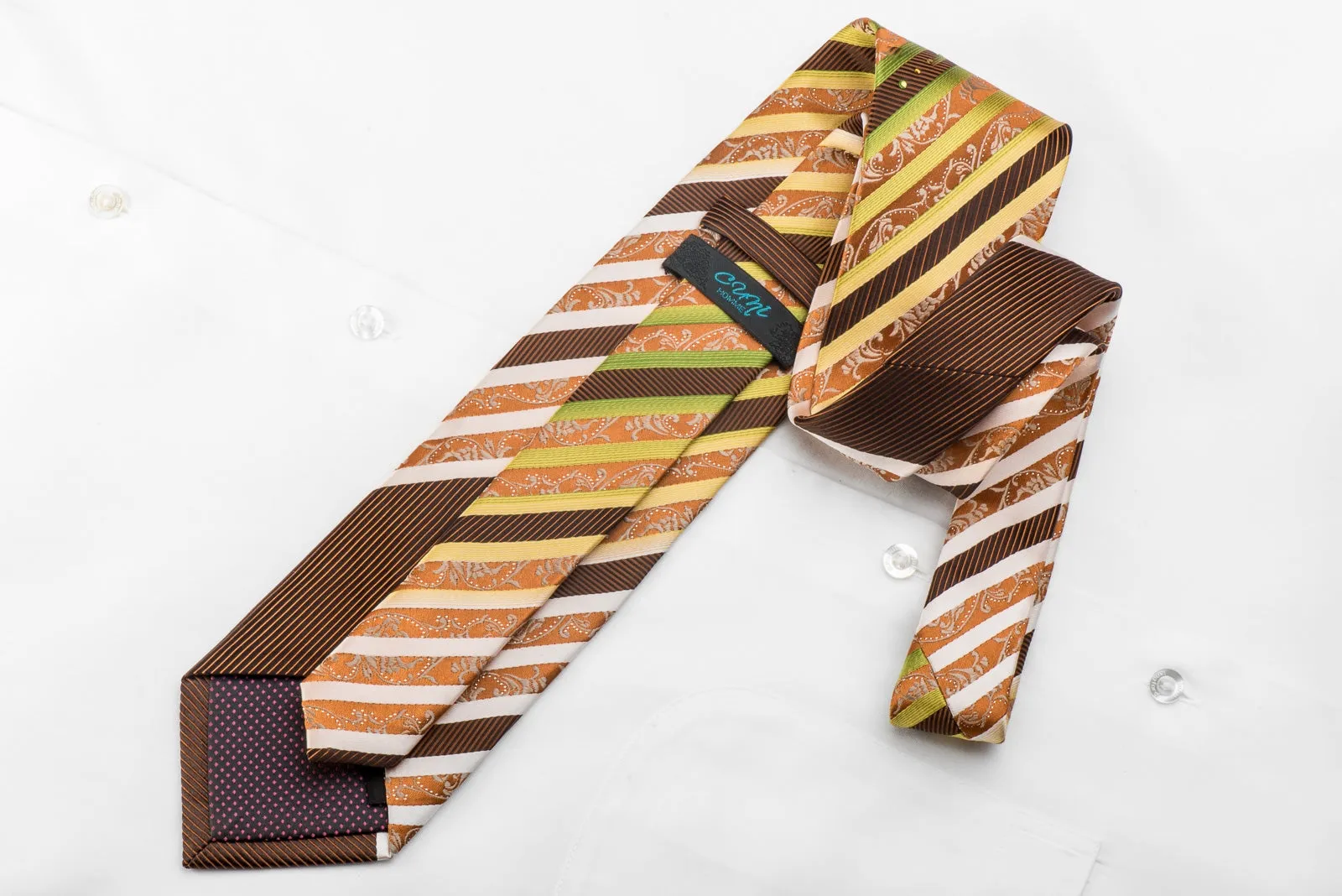 Cuni Homme Men's Crystal Necktie Orange Brown Green Striped With Silver Sparkles