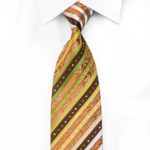 Cuni Homme Men's Crystal Necktie Orange Brown Green Striped With Silver Sparkles