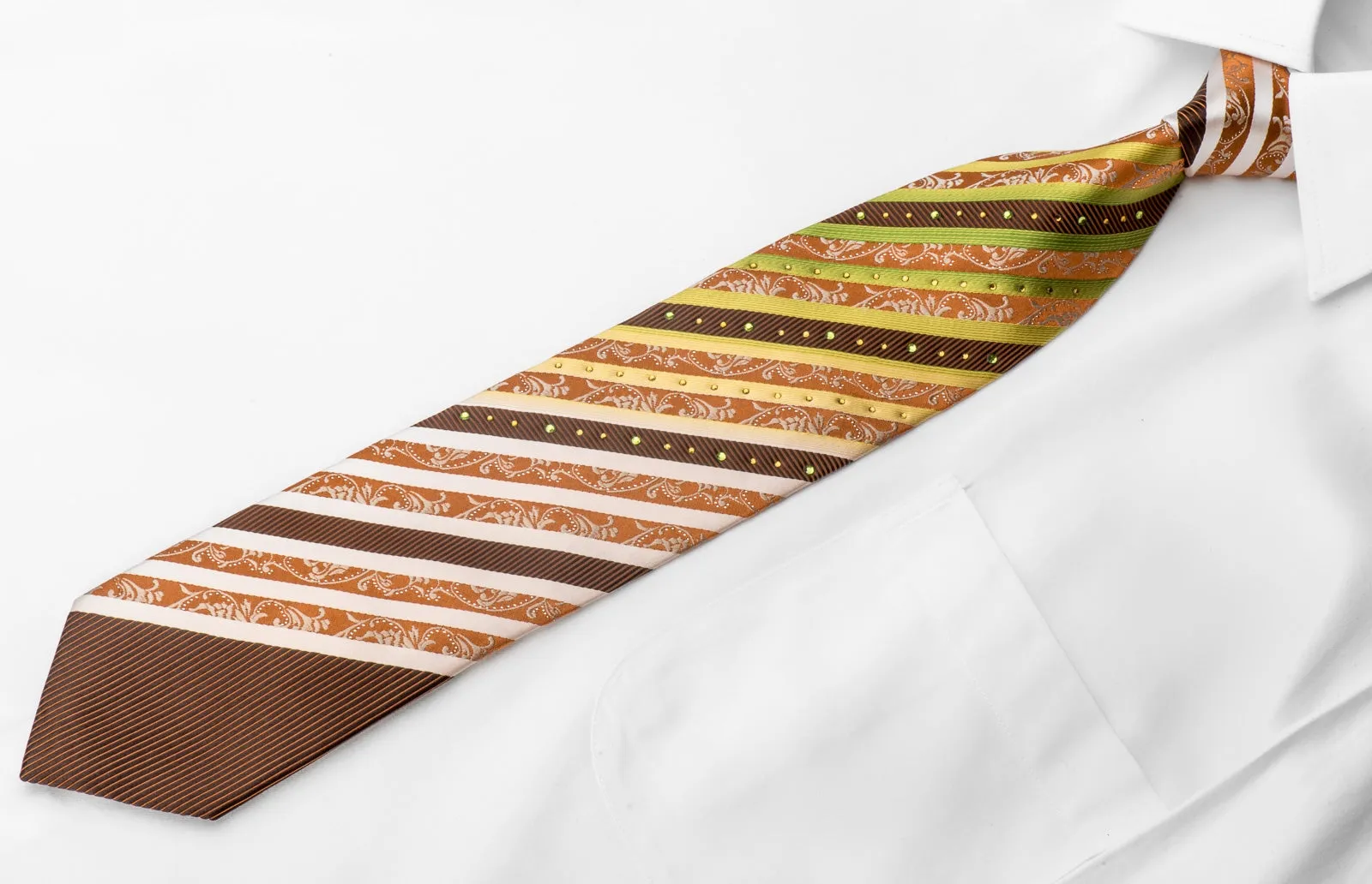 Cuni Homme Men's Crystal Necktie Orange Brown Green Striped With Silver Sparkles